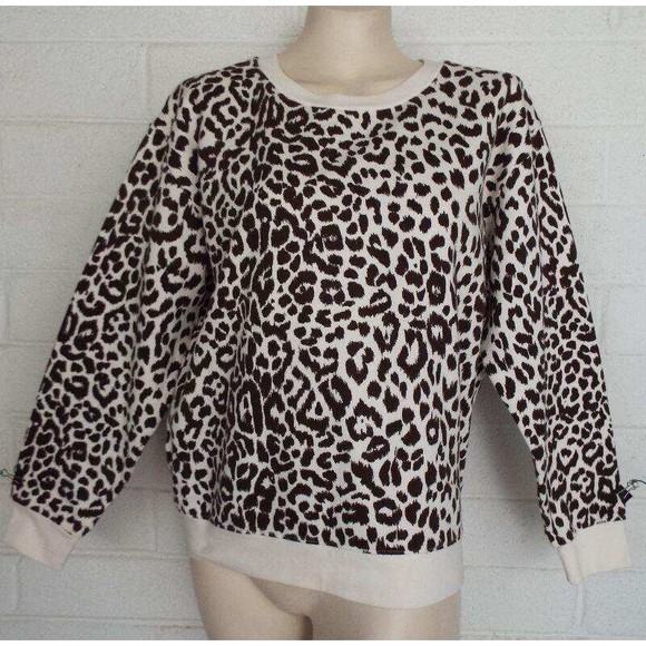 J. CREW Vintage Fleece M brown cream leopard print long sleeve pullover top - Picture 1 of 3